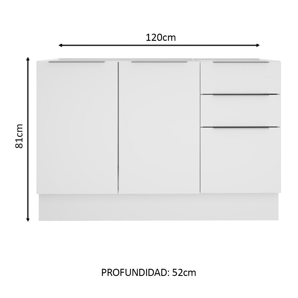 Bajo Mesada 120 cm 3 Cajones 2 Puertas Stella Blanco