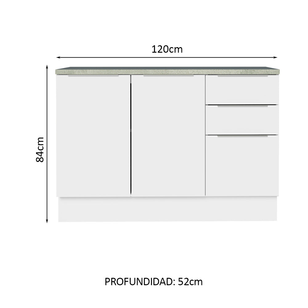 Bajo Mesada Cocina 120 cm 3 Cajones 2 Puertas (Con Mesada) Blanco Stella Madesa
