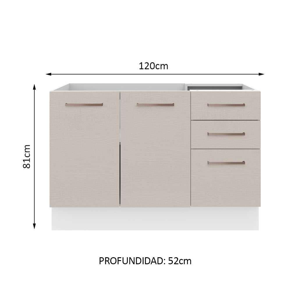 Bajo Mesada para Bacha 120 cm 2 Puertas 3 Cajones (Sin Mesada y Bacha) Blanco/Crema Agata Madesa