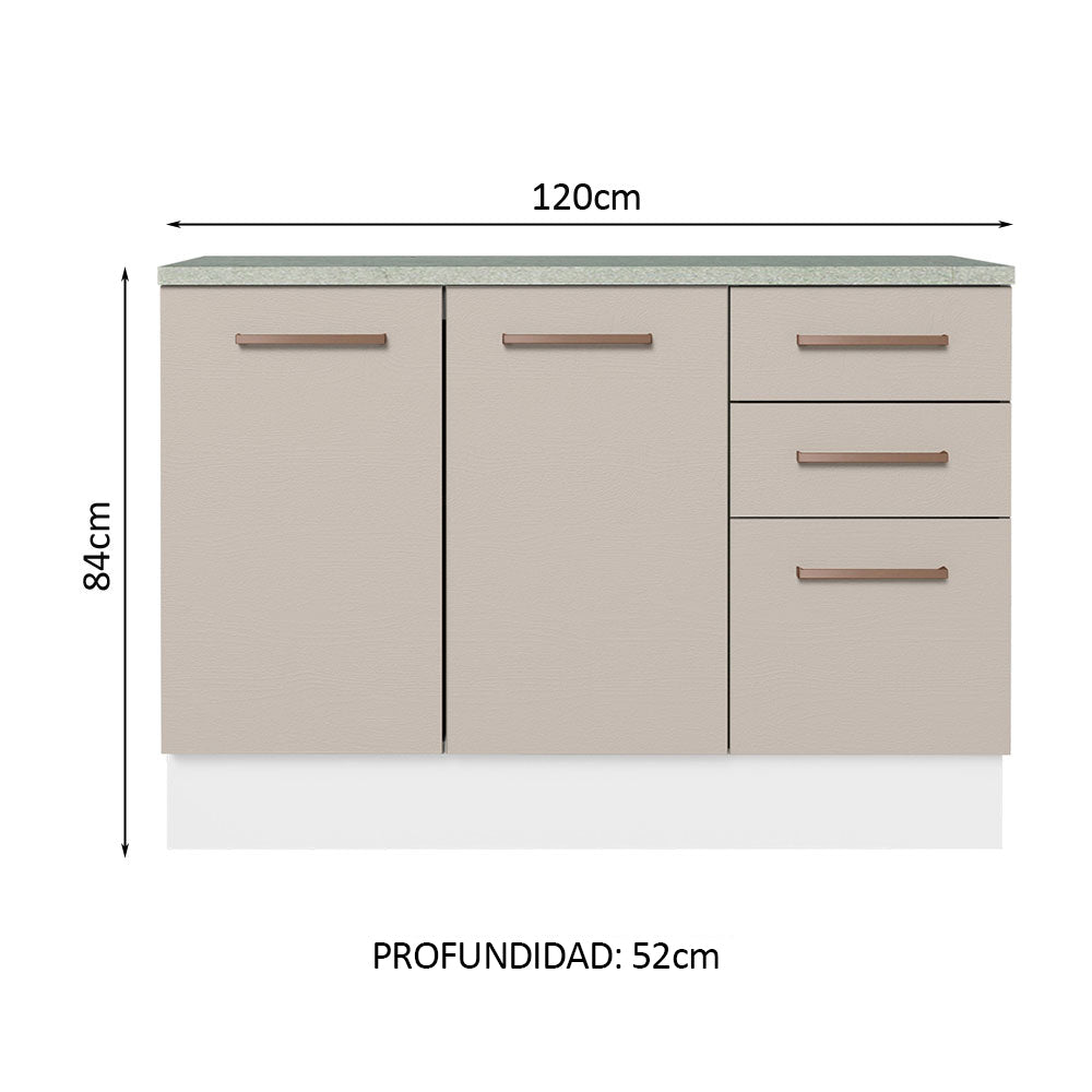 Bajo Mesada para Bacha 120 cm 2 Puertas y 3 Cajones (Con Tapa) Blanco/Crema Agata