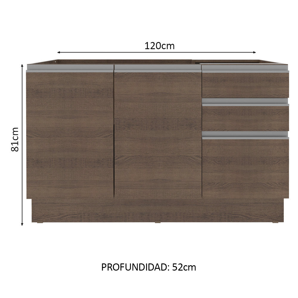 Bajo Mesada para Bacha 120 cm 2 Puertas y 3 Cajones (Sin Mesada) Marrón Glamy