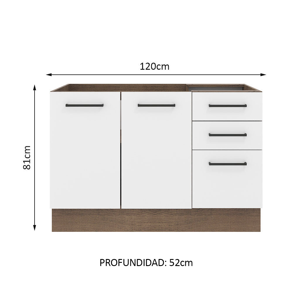 Bajo Mesada para Bacha 120 cm 2 Puertas y 3 Cajones (Sin Mesada y Bacha) Marrón/Blanco Agata Madesa