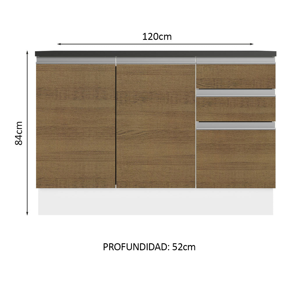 Bajo Mesada Cocina 100% MDF 120 cm 3 Puertas e 2 Cajones Blanco/Marrón Acordes Madesa