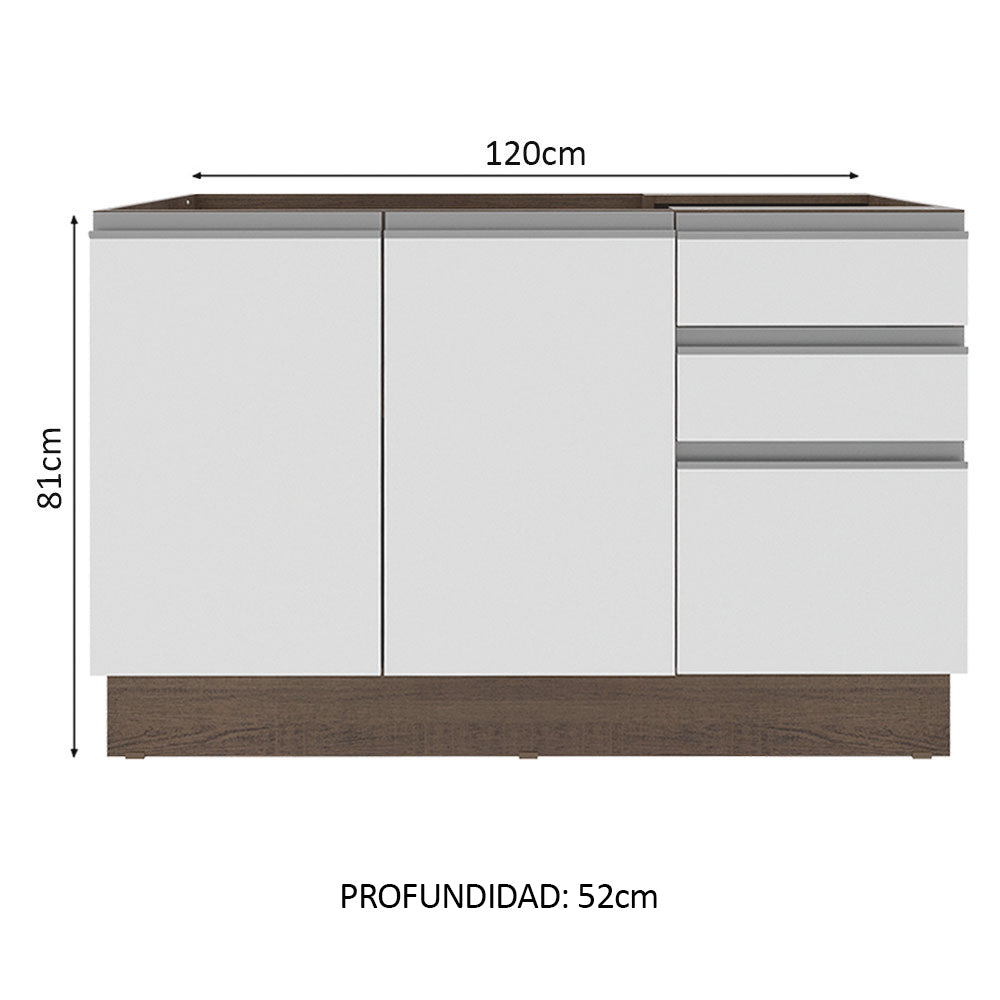 Bajo Mesada para Bacha 120 cm 2 Puertas y 3 Cajones (Sin Mesada) Glamy Marrón/Blanco
