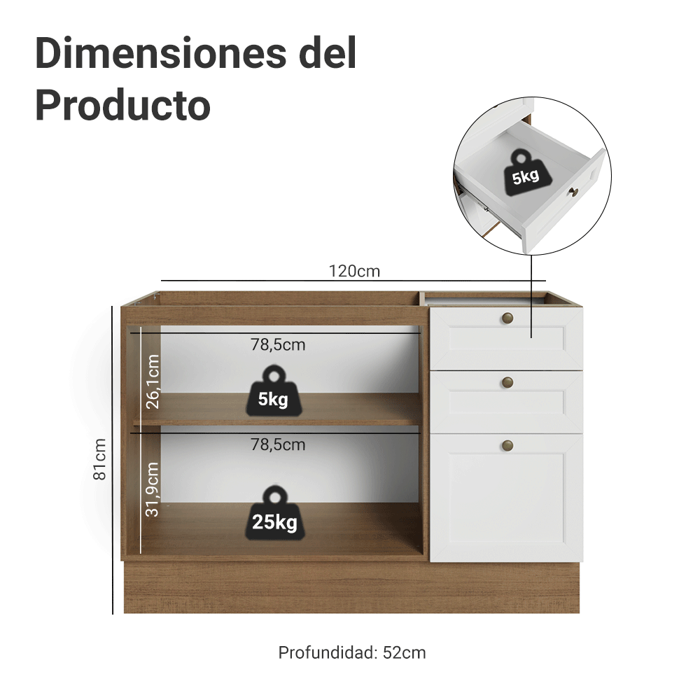 Bajo Mesada 120 cm 2 Puertas 3 Cajones Sin Mesada Marrón/Blanco Vik Madesa