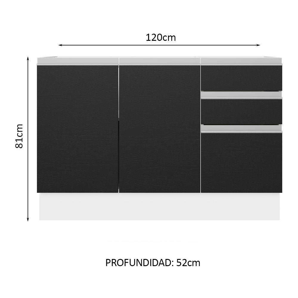 Bajo Mesada para Bacha 100% MDF 120 cm 3 Puertas 2 Cajones Blanco/Negro Acordes Madesa