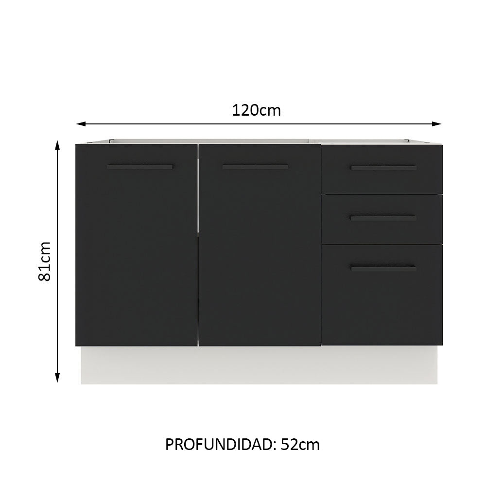 Bajo Mesada para Bacha 120 cm 3 Cajones 2 Puertas (Sin Mesada y Bacha) Blanco/Negro Agata Madesa