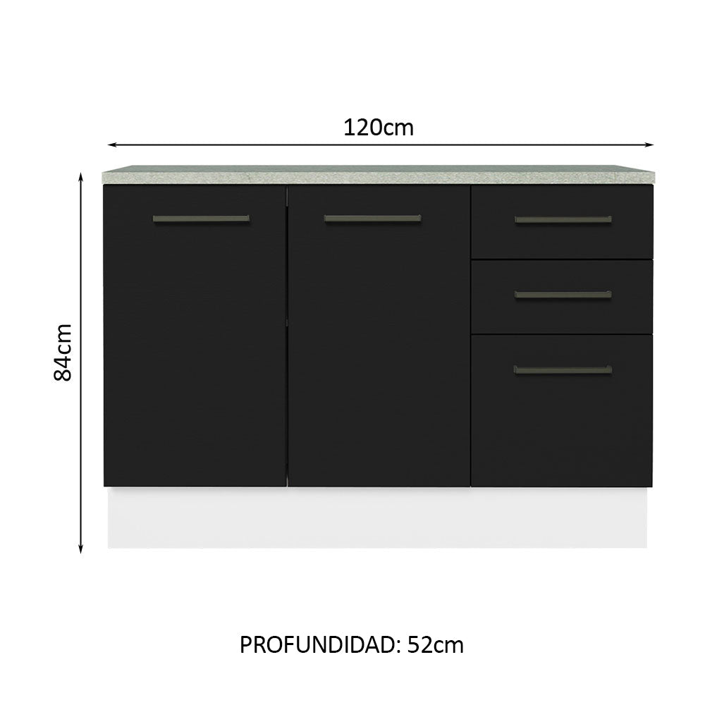Bajo Mesada Cocina 120 cm 3 Cajones 2 Puertas (Con Mesada) Blanco/Negro Agata Madesa