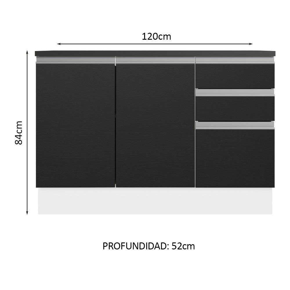 Bajo Mesada Cocina 100% MDF 120 cm 3 Puertas e 2 Cajones Blanco/Negro Acordes Madesa