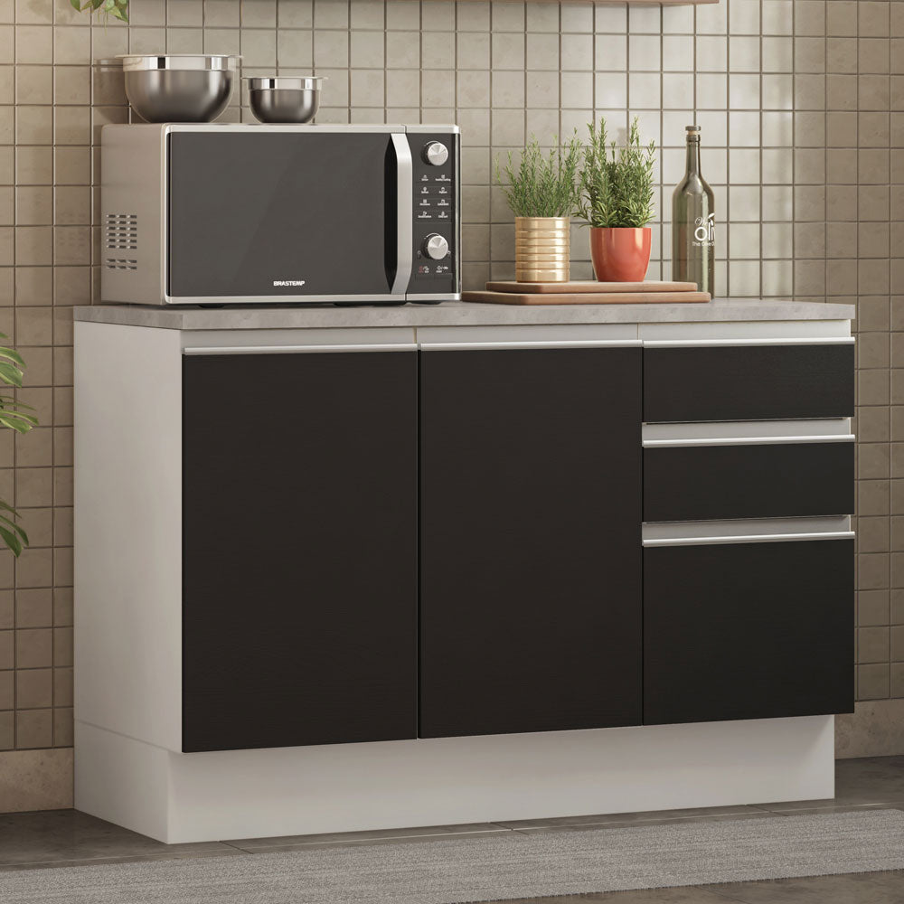 Bajo Mesada para Bacha 120 cm 2 Puertas 3 Cajones (Con Tapa) Glamy Blanco/Negro