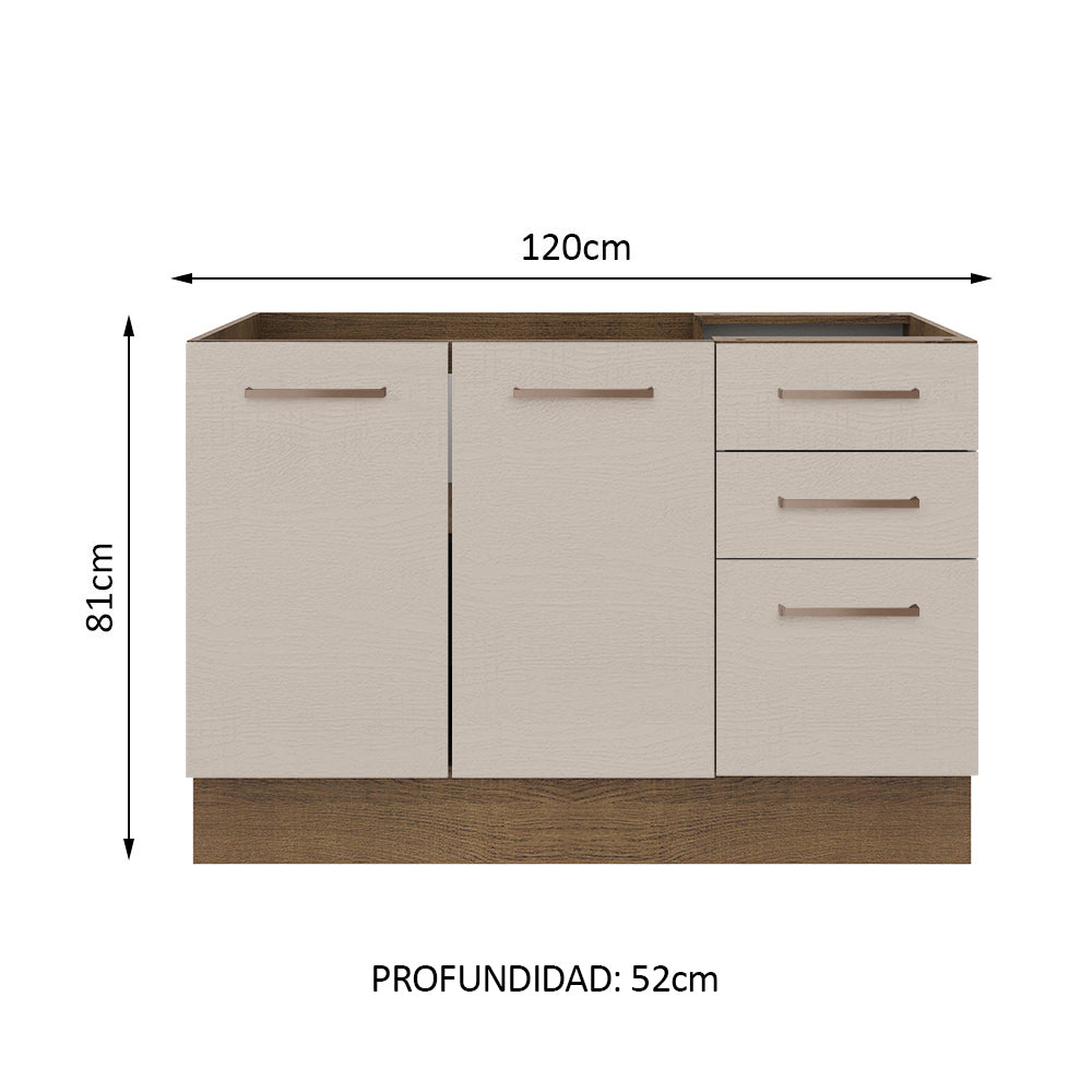 Bajo Mesada para Bacha 120 cm 2 Puertas 3 Cajones (Sin Mesada y Bacha) Marrón/Crema Agata Madesa