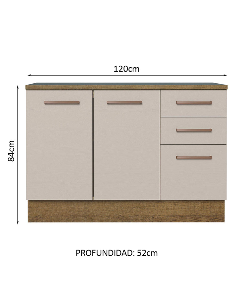 Bajo Mesada para Bacha 120 cm 2 Puertas 3 Cajones (Con Encimera) Agata Marrón/Crema