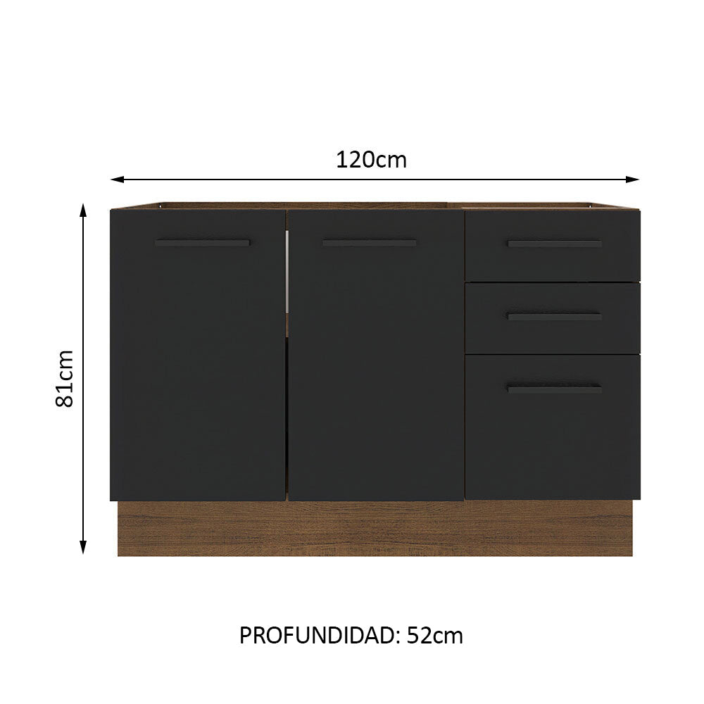 Bajo Mesada para Bacha 120 cm 3 Cajones 2 Puertas (Sin Mesada y Bacha) Marrón/Negro Agata Madesa