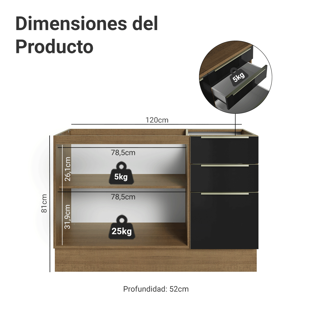 Bajo Mesada para Bacha 120 cm 2 Puetas 3 Cajones (Sin Mesada) Marrón/Negro Lux Madesa