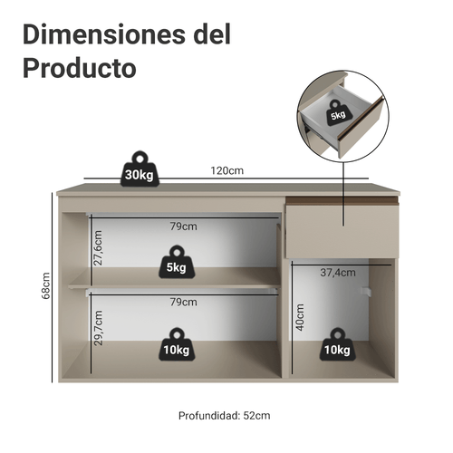 Bajo Mesada 120 cm 3 Puertas 1 Cajón Crema Nice Madesa