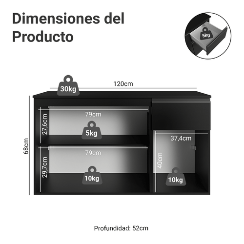 Bajo Mesada 120 cm 3 Puertas 1 Cajón Flotante Negro Nice Madesa