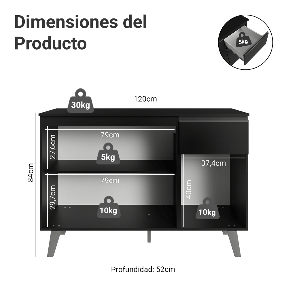 Bajo Mesada de Cocina 120 cm 3 Puertas 1 Cajón con Patas Negro Nice Madesa