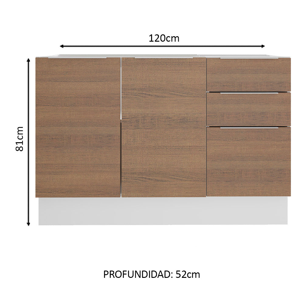 Bajo Mesada 120 cm 3 Cajones 2 Puertas Stella Blanco/Marrón