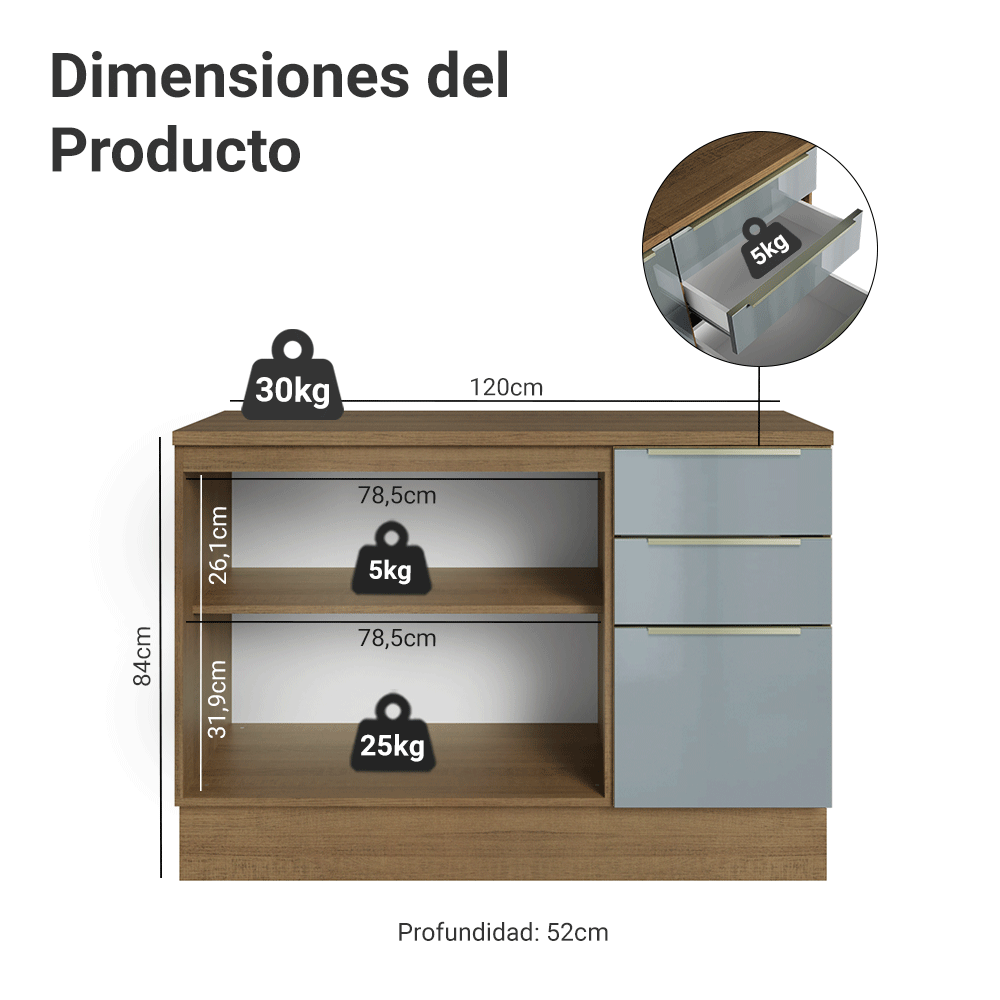 Bajo Mesada de Cocina 120 cm 2 Puetas 3 Cajones (Con Mesada) Marrón/Gris Lux Madesa