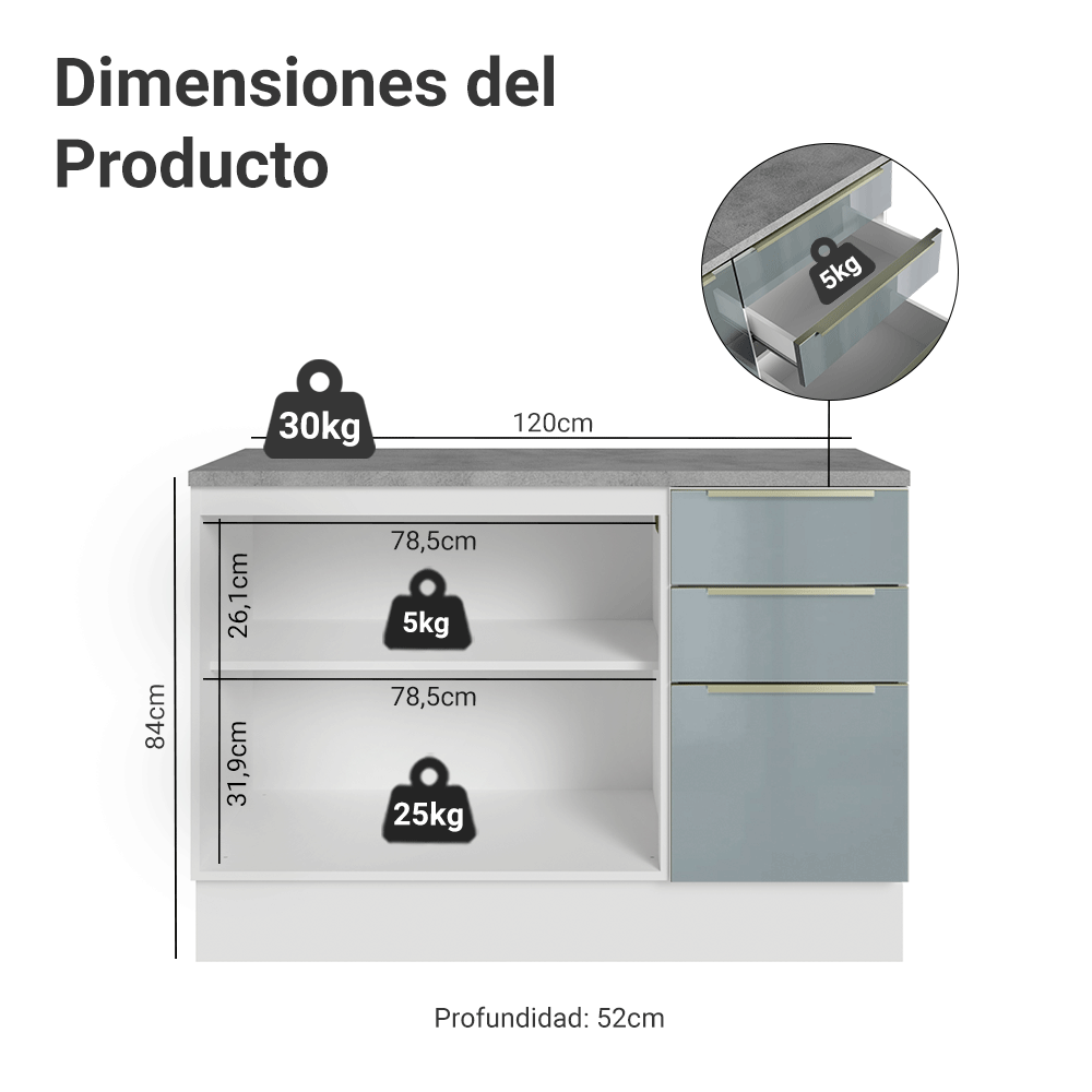 Bajo Mesada de Cocina 120 cm 2 Puetas 3 Cajones (Con Mesada) Blanco/Gris Lux Madesa