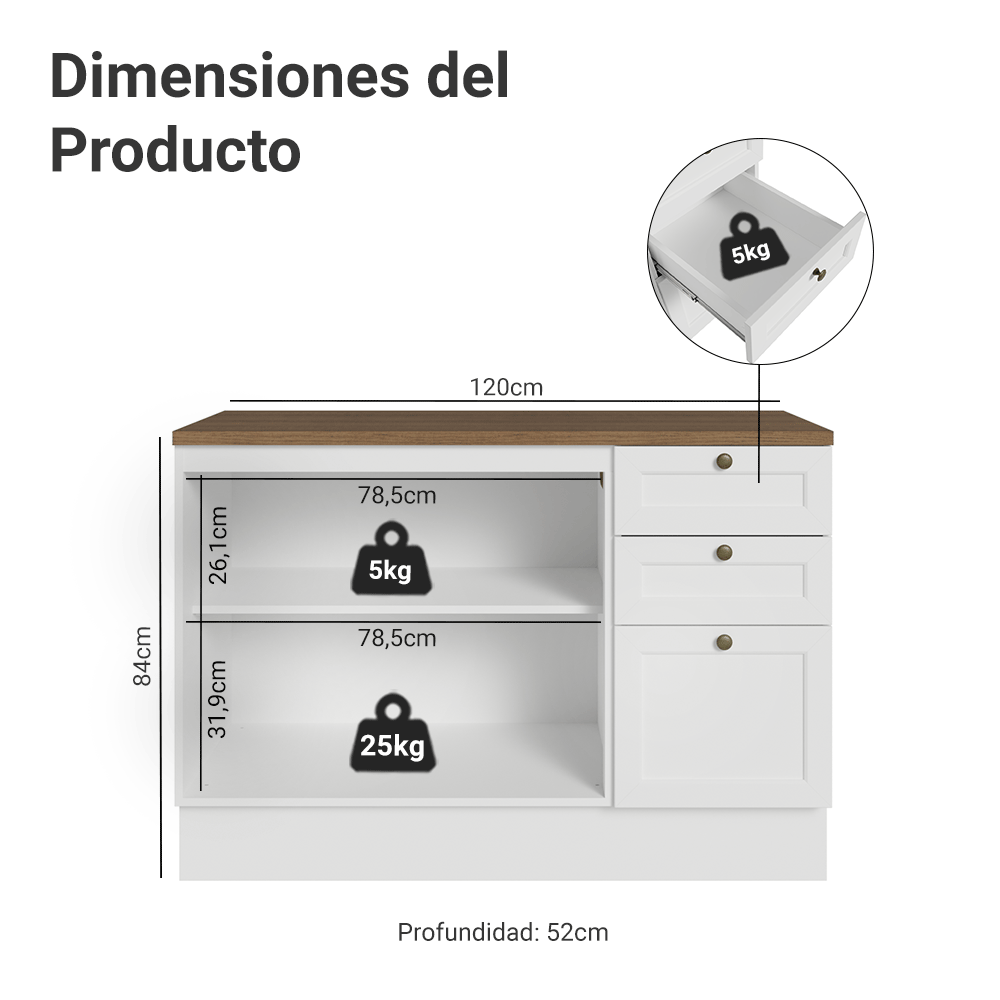 Bajo Mesada de Cocina 120 cm 2 Puertas 3 Cajones Blanco Mesada Marrón Vik Madesa