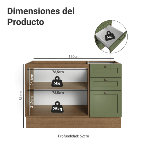 Bajo Mesada 120 cm 2 Puertas 3 Cajones Sin Mesada Marrón/Verde Vik Madesa