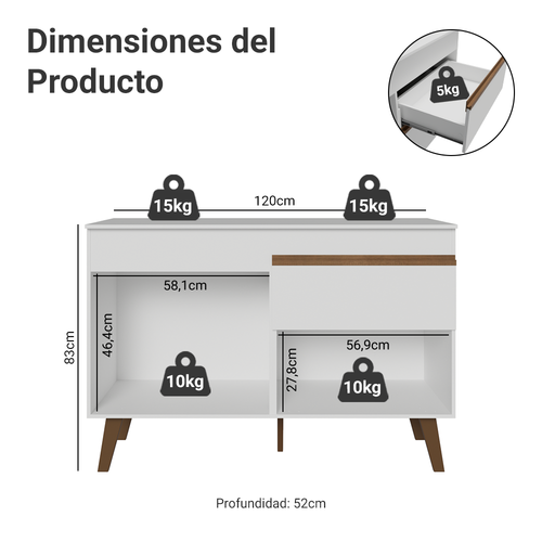 Bajo Mesada 120 cm 2 Puertas 1 Cajón con Patas Blanco Pieta Madesa