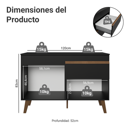 Bajo Mesada 120 cm 2 Puertas 1 Cajón con Patas Negro Pieta Madesa