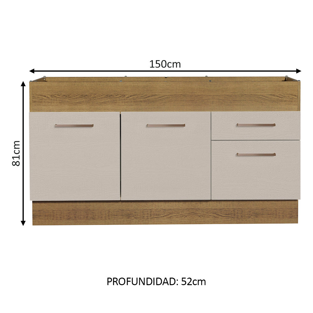 Bajo Mesada para Bacha 150 cm 2 Puertas y 2 Cajones (Sin Tapa Ni Bacha) Marrón/Crema Agata