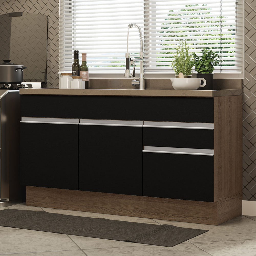 Bajo Mesada 150 x 52 cm 2 Puertas 2 Cajones Sin Mesada Marrón/Negro Glamy Madesa 02