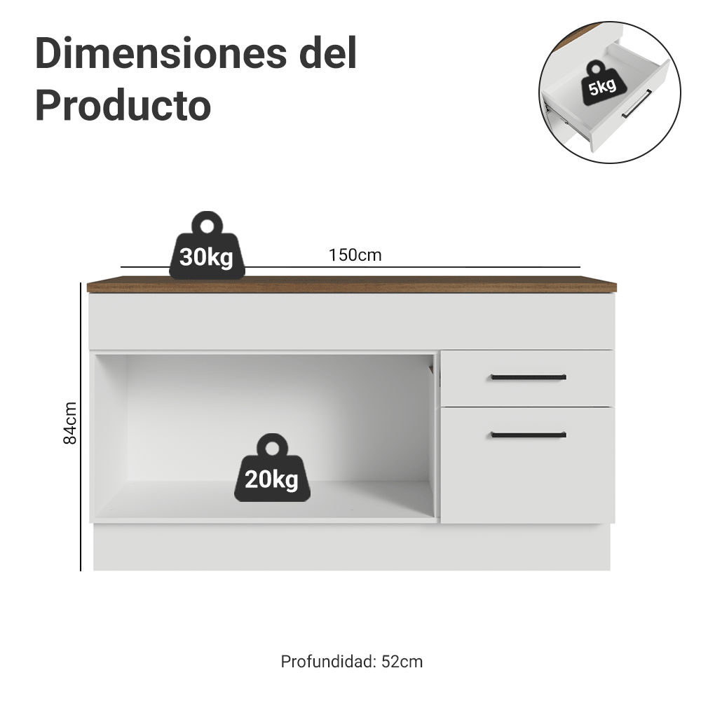 Bajo Mesada 150 cm 2 Puertas 2 Cajones Blanco/Marrón Agata Madesa