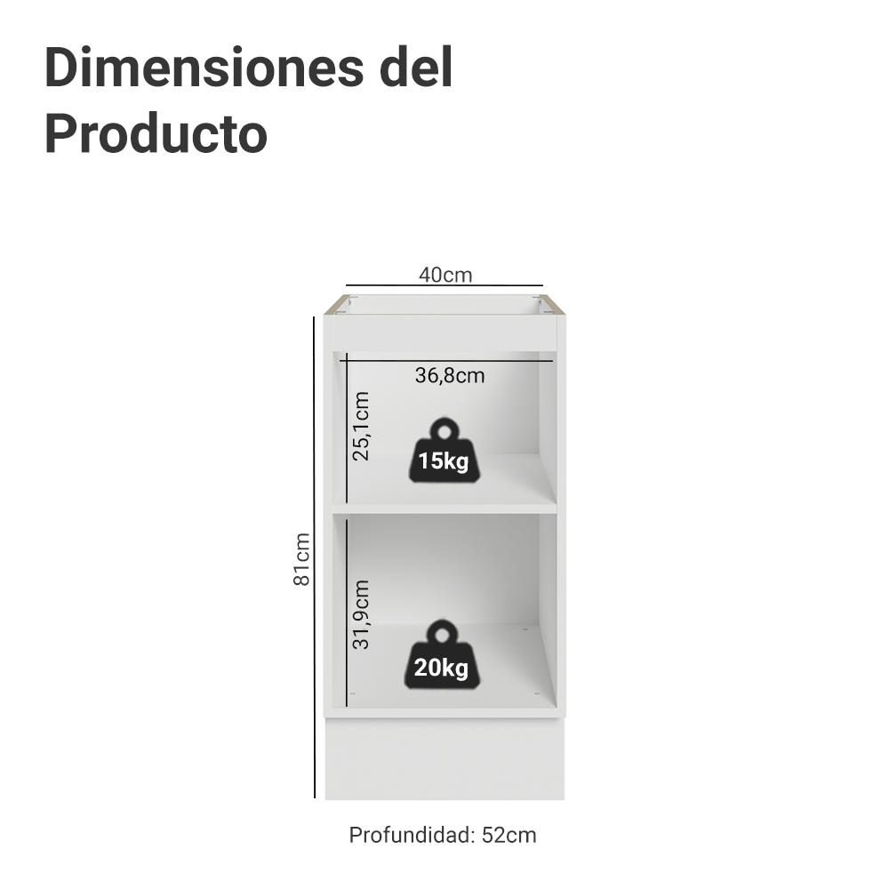 Bajo Mesada de Cocina 40 cm 1 Puerta (Sin Mesada) Blanco/Gris Lux Madesa