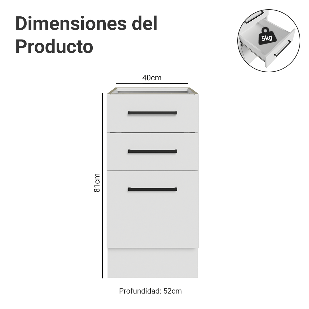 Bajo Mesada 40 cm 3 Cajones Sin Mesada Blanco Agata Madesa