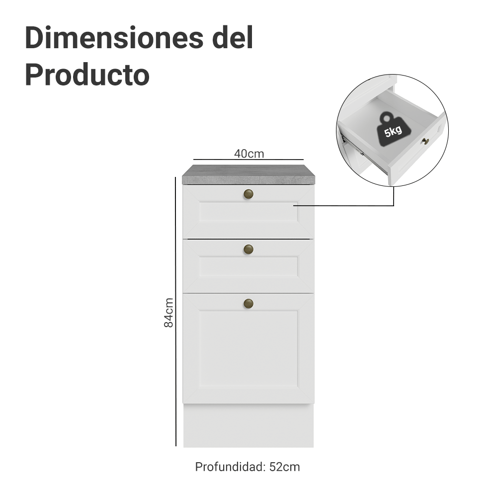 Bajo Mesada de Cocina 40 cm 3 Cajones Blanco Vik Madesa