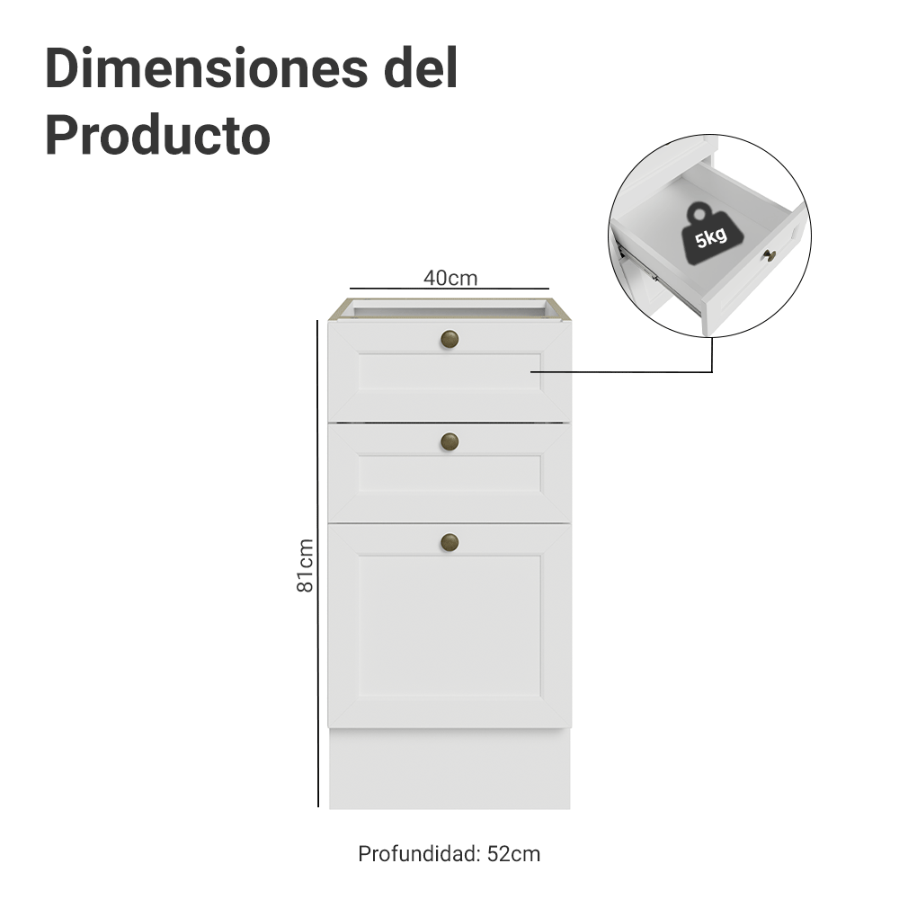 Bajo Mesada 40 cm 3 Cajones Sin Mesada Blanco Vik Madesa