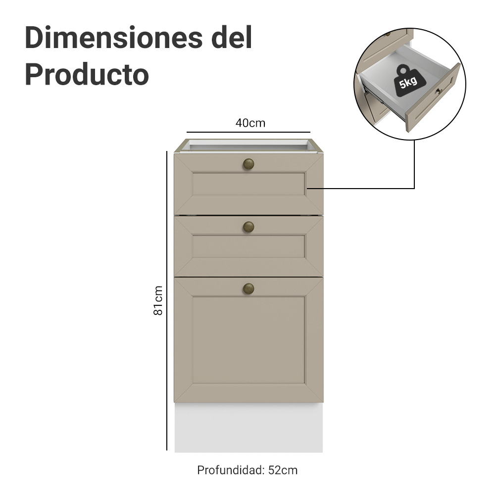 Bajo Mesada 40 cm 3 Cajones Sin Mesada Blanco/Crema Vik Madesa