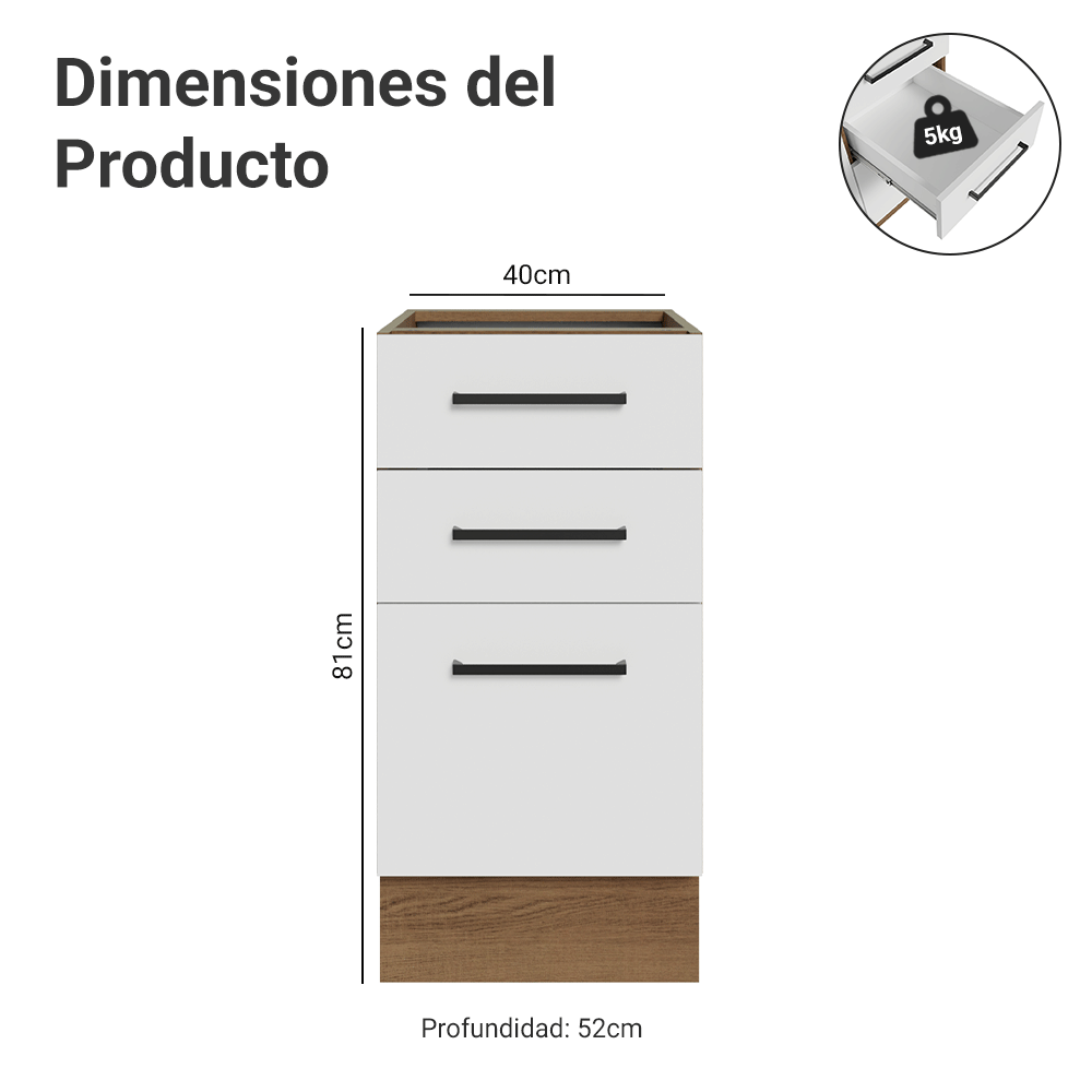 Bajo Mesada 40 cm 3 Cajones Sin Mesada Marrón/Blanco Agata Madesa