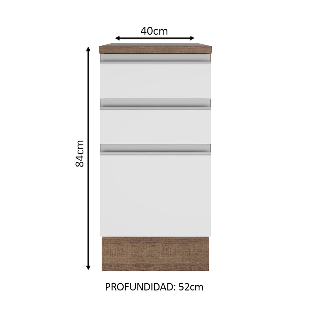 Bajo Mesada 40 cm 3 Cajones Glamy Marrón/Blanco