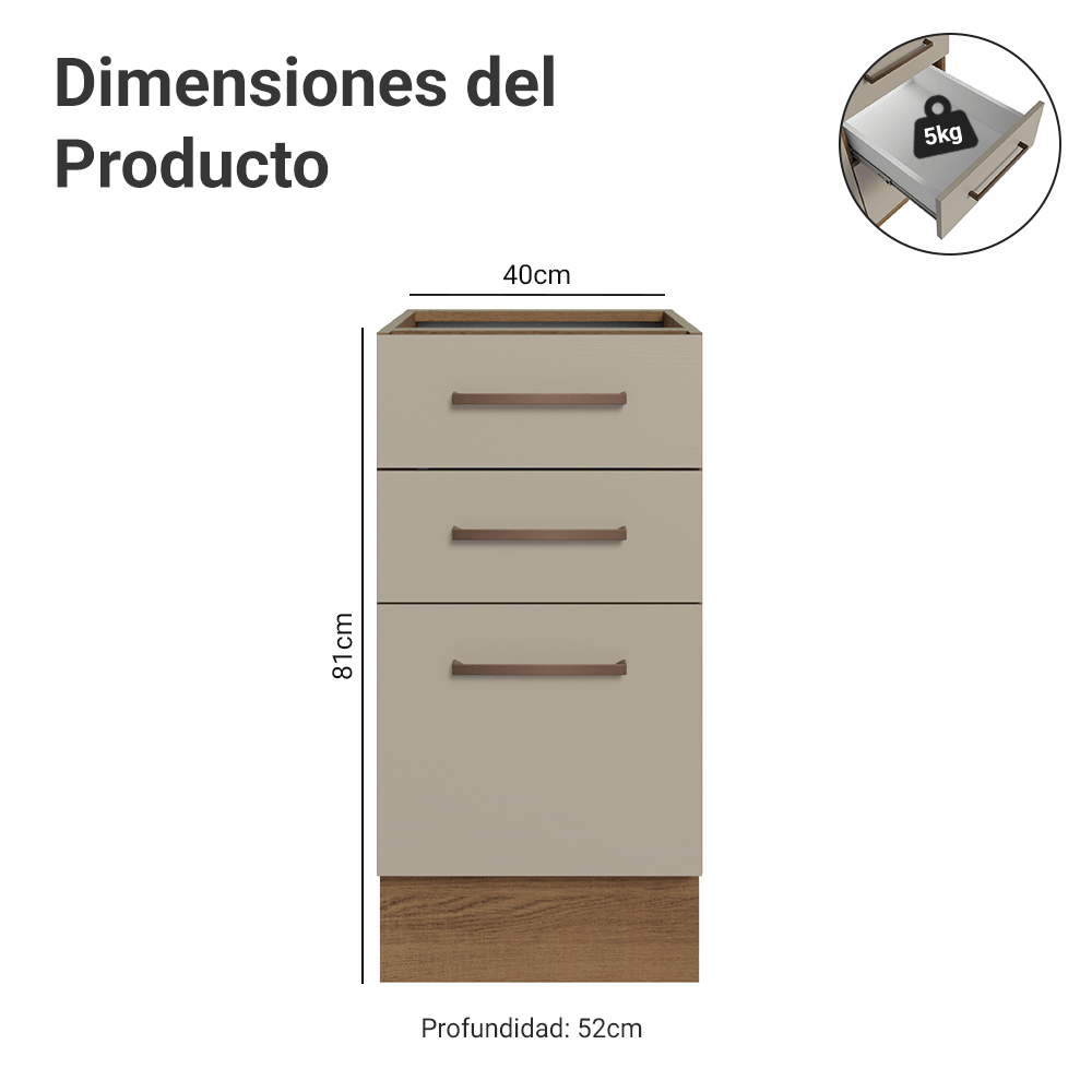 Bajo Mesada 40 cm 3 Cajones Sin Mesada Marrón/Crema Agata Madesa