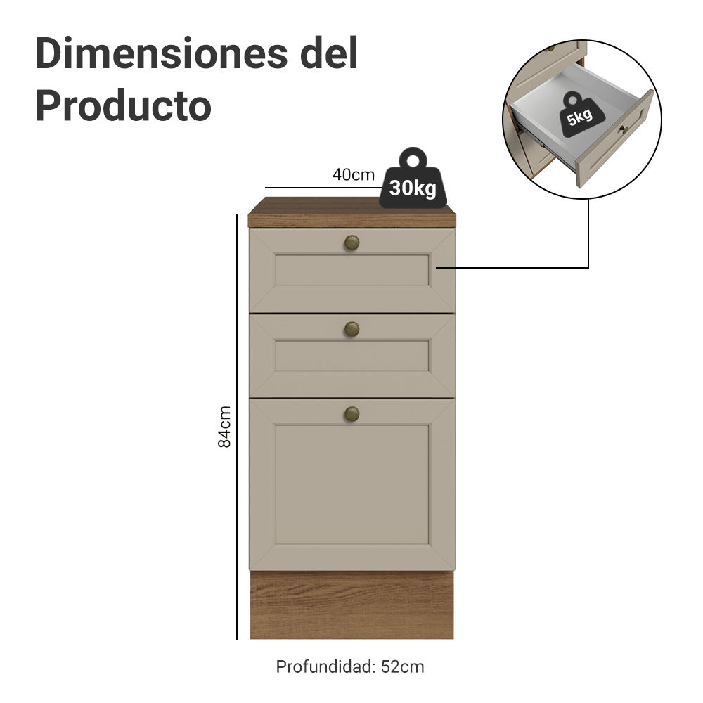 Bajo Mesada 40 cm 3 Cajones Marrón/Crema Vik Madesa