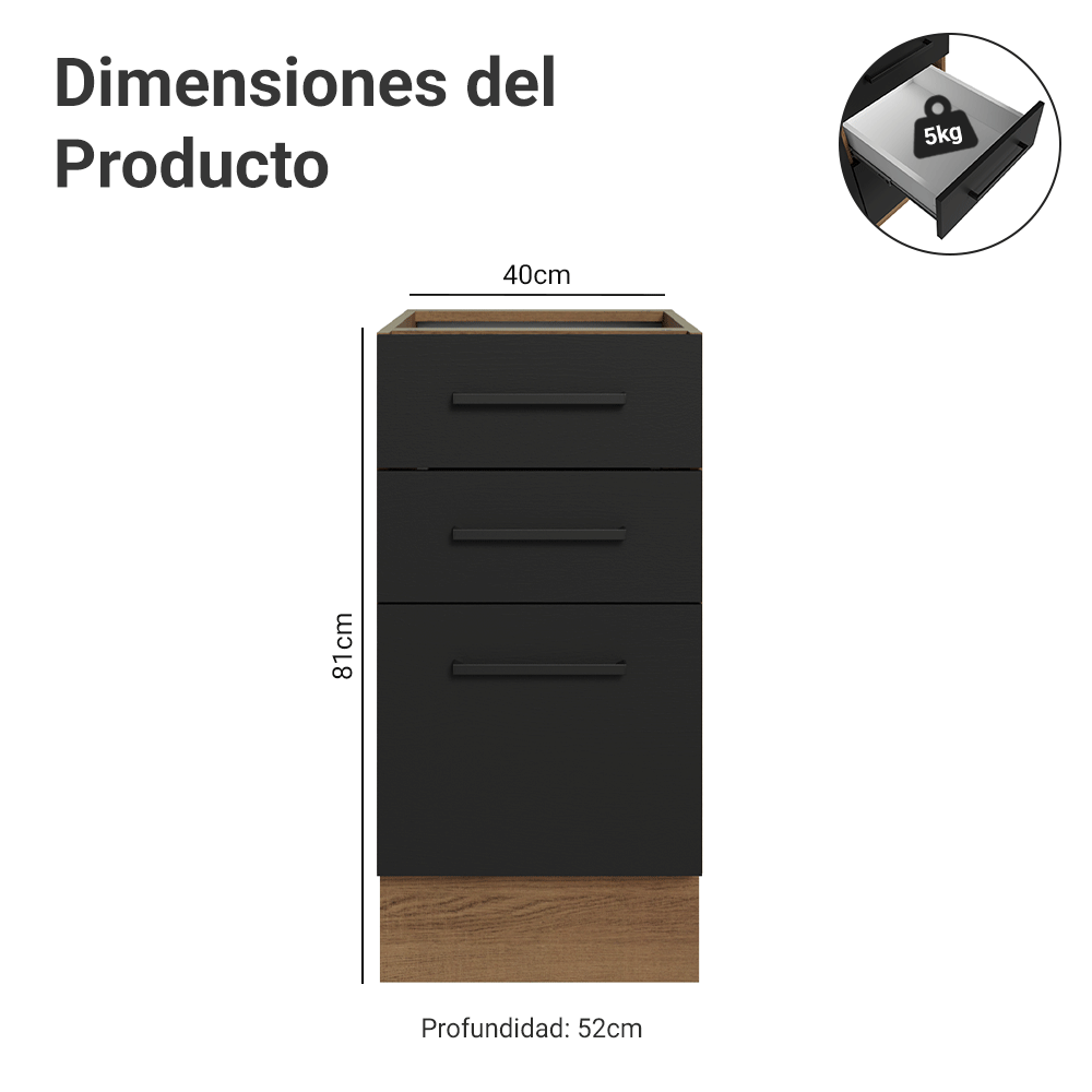 Bajo Mesada 40 cm 3 Cajones Sin Mesada Marrón/Negro Agata Madesa
