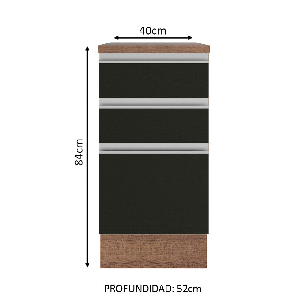 Bajo Mesada 40 cm 3 Cajones Glamy Marrón/Negro