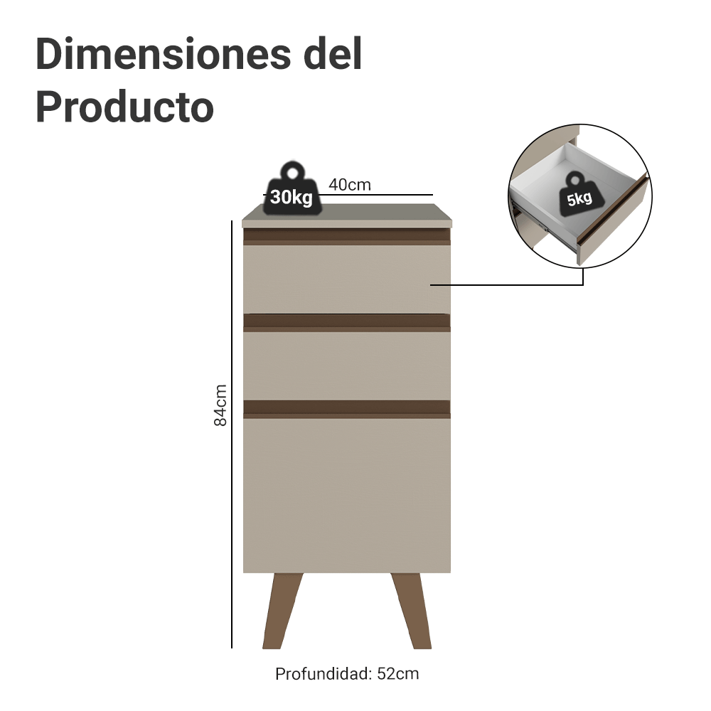 Bajo Mesada 40 cm 3 Cajones Con Patas Nice Crema