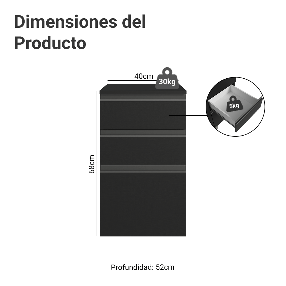 Bajo Mesada de Cocina 40 cm 3 Cajones Flotante Negro Nice Madesa