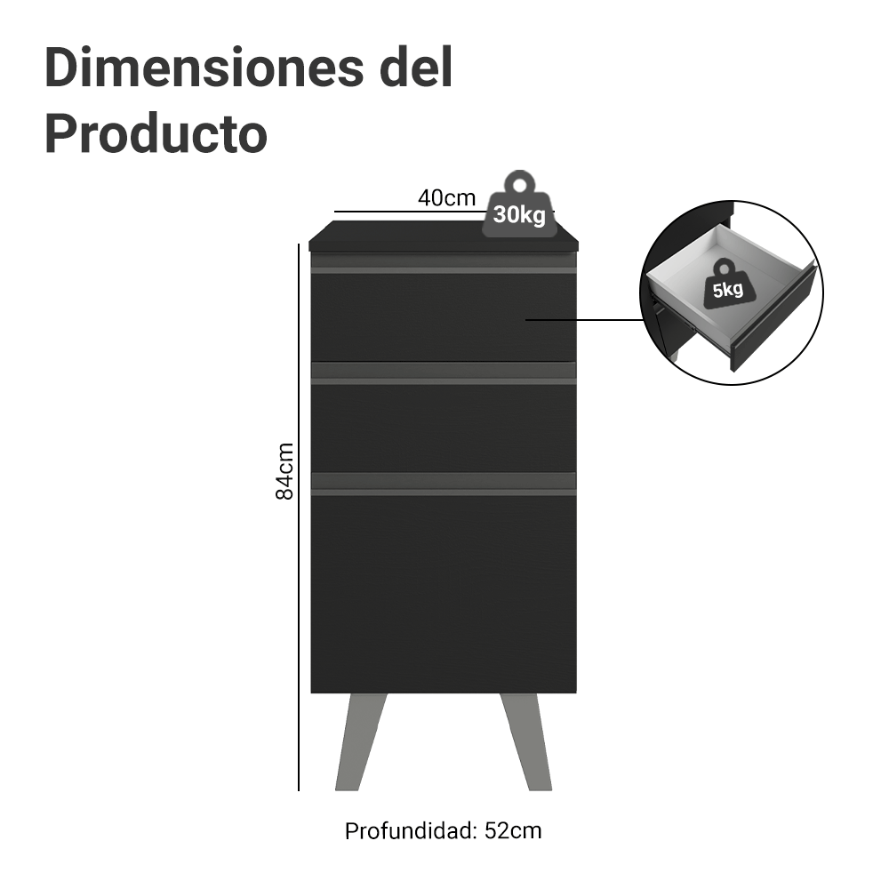 Bajo Mesada de Cocina 40 cm 3 Cajones con Patas Negro Nice Madesa