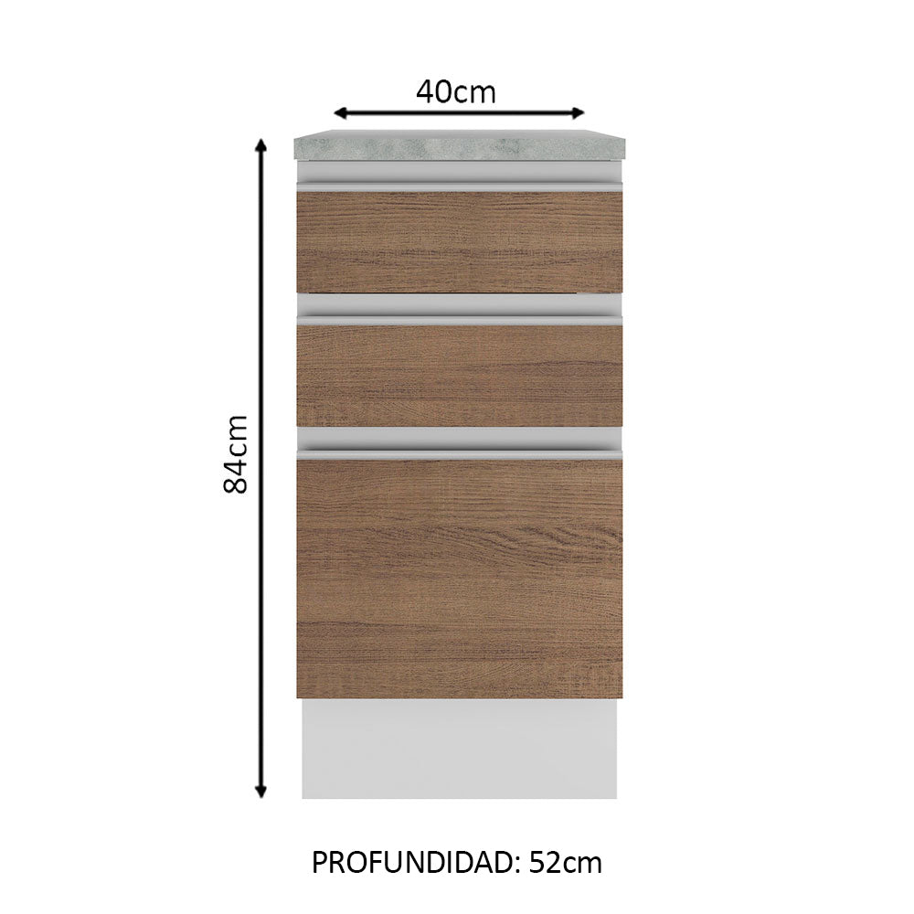 Bajo Mesada 40 cm 3 Cajones Glamy Blanco/Marrón