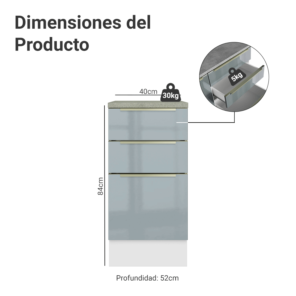 Bajo Mesada de Cocina 40 cm 3 Cajones Blanco/Gris Lux Madesa