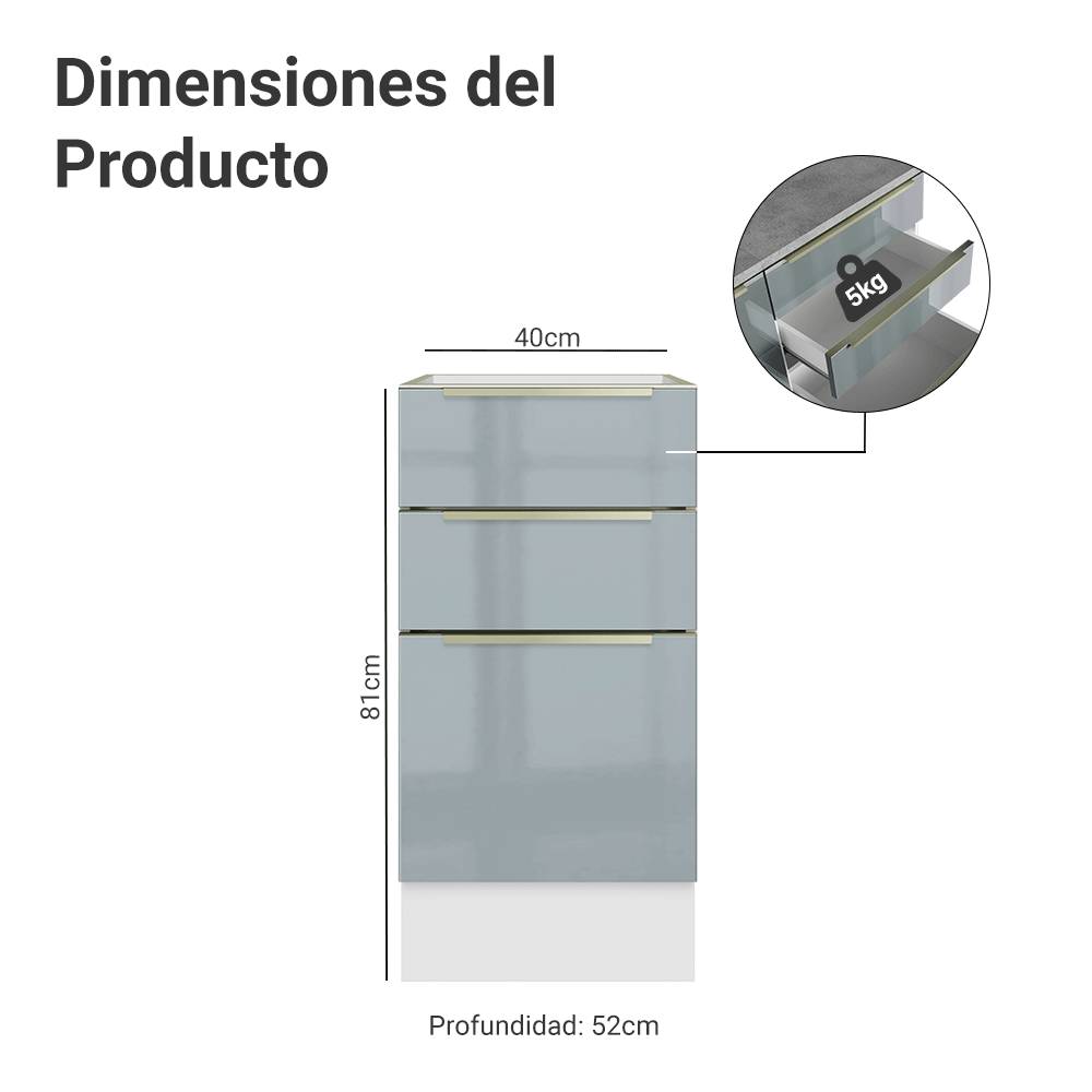 Bajo Mesada de Cocina 40 cm 3 Cajones (Sin Mesada) Blanco/Gris Lux Madesa