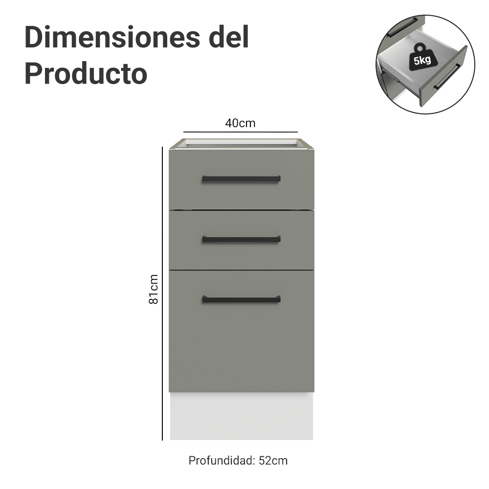 Bajo Mesada 40 cm 3 Cajones Sin Mesada Blanco/Gris Agata Madesa