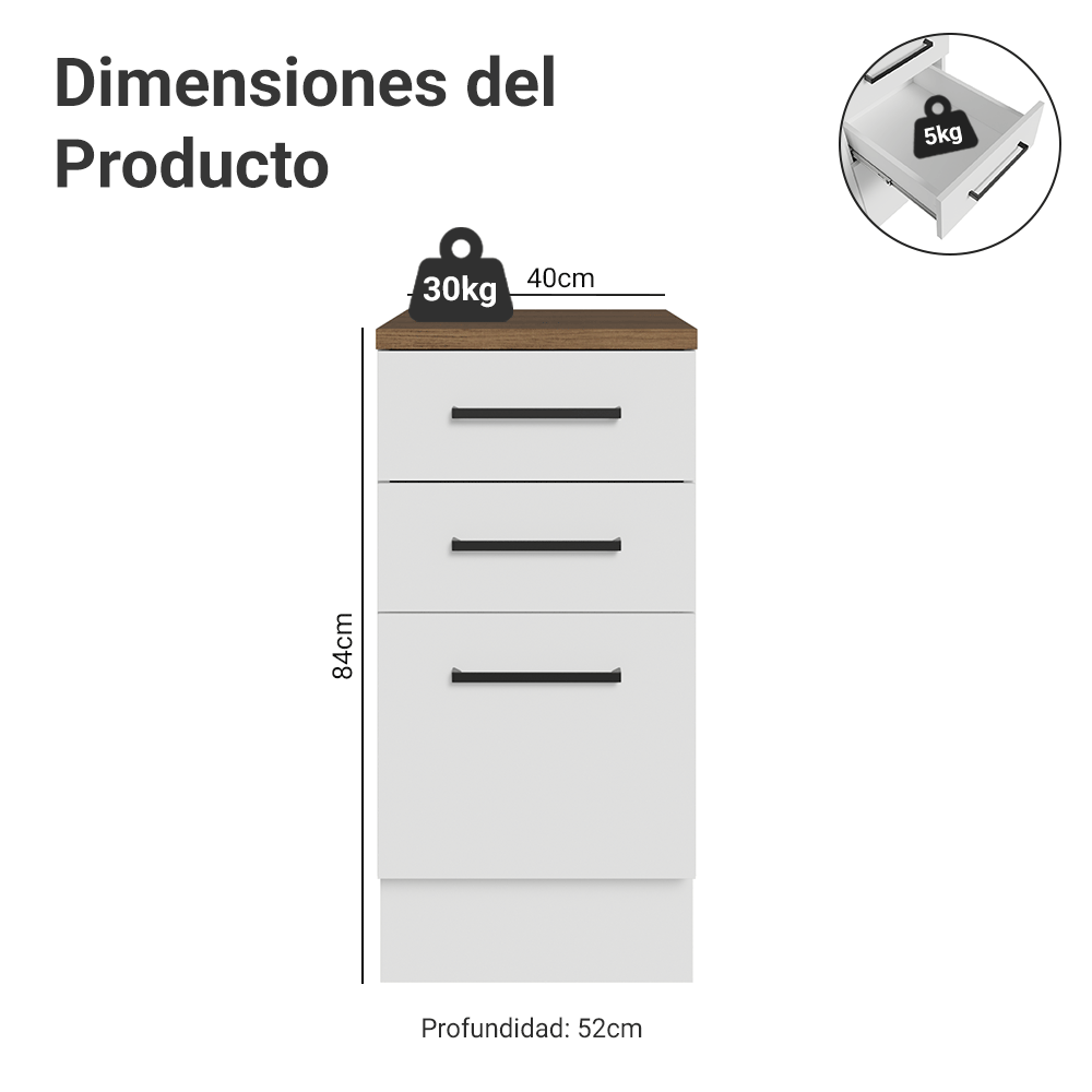Bajo Mesada 40 cm 3 Cajones Blanco/Marrón Agata Madesa